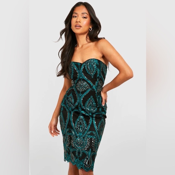 Boohoo | Petite Damask Sequin Bandeau Midi Dress - Picture 4 of 13
